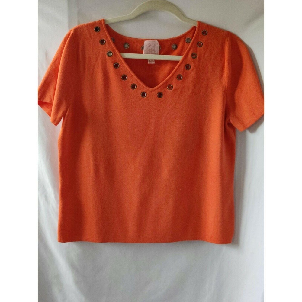Pink Poodle Womens Short Sleeve Sweater Gold Grommets V-Neck‎ Pullover Size L